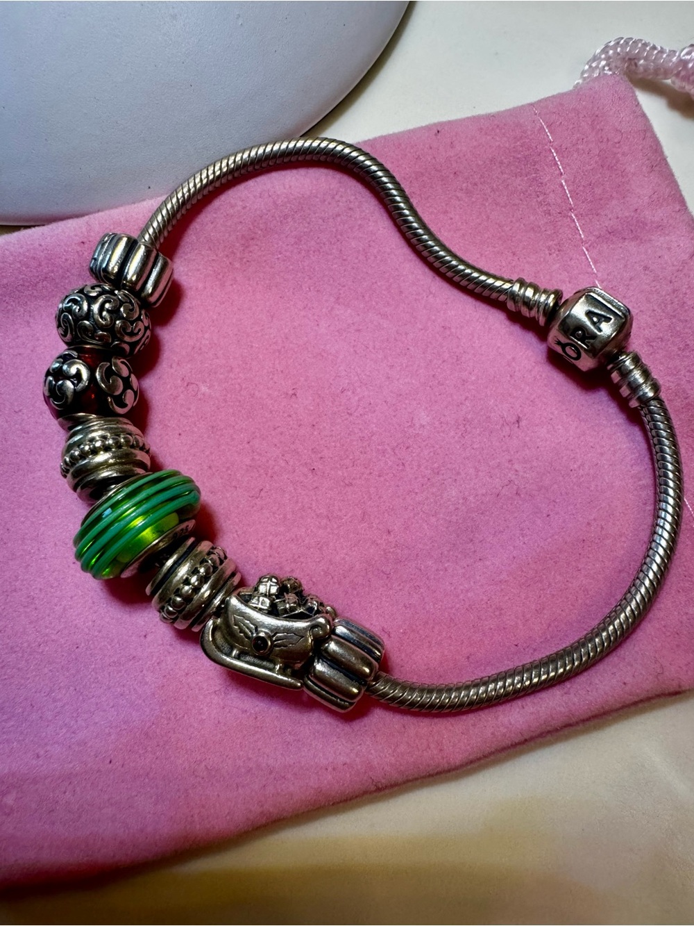 Pandora Charm Bracelet with Green Murano Glass Bead